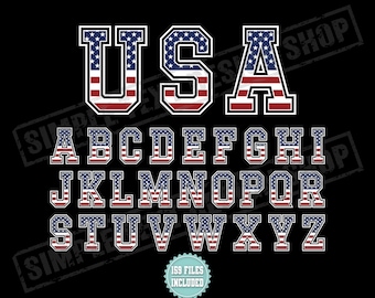 Police de caractères Alphabet A-Z avec drapeau des États-Unis (pack PNG, SVG, DXF, EPS), style universitaire, drapeau américain + lettres universitaires, modèles de maillots simples