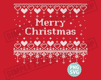 Modèle de tricot Joyeux Noël (fichiers numériques PNG et SVG), motif pixelisé hivernal douillet, motifs à pois et cœurs pour pull de Noël kitsch