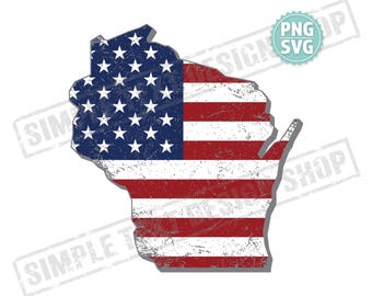 Fichiers numériques de l'État du Wisconsin + drapeau des États-Unis Svg et Png, carte des États-Unis avec des dessins de drapeau américain en détresse svg, conception de la patrie png