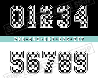 Paquete de números de camiseta con estampado a cuadros del 0 al 9 en formato PNG, SVG, DXF, EPS y TTF; plantillas de números de carreras con bandera a cuadros; diseños de fuentes para deportes de motor.