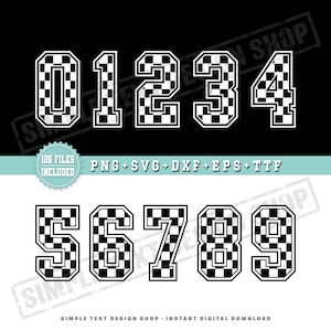 Checkered Pattern Jersey Numbers 0-9 Png Svg Dxf Eps Ttf Bundle, Chequered Flag Racing Number Templates, Motorsports Font Designs