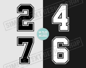 Ensemble de numéros de maillot de sport universitaire de 0 à 9 Png + Svg + Dxf + Eps + Ttf, modèles de numéros de maillot simples, numéro de dos de style universitaire