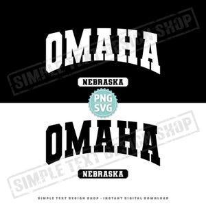 Könnte beinhalten: Ein digitales Design in Schwarz und Weiß mit dem Wort "OMAHA" in einem gebogenen, fetten Schriftzug über "NEBRASKA" in einem Rechteck. Enthält ein "PNG SVG"-Abzeichen, geeignet für digitale Downloads.