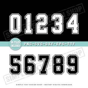 Einfache Jersey Zahlen 0-9 Png SVG Dxf Eps Ttf Bundle, Sport Jersey Zahlenvorlagen im College-Stil, Team Player Rückennummer Digitale Dateien