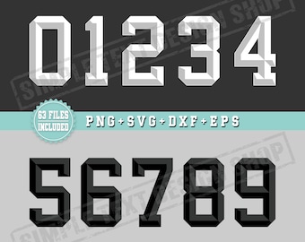 Maillot de sport universitaire numéros 0-9 avec nuance Png Svg Dxf Eps Bundle, modèles de numéros de maillot simples, fichiers numériques de numéro de dos de Style universitaire