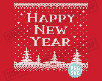 Modèle tricoté Bonne Année (fichiers numériques PNG et SVG), motif pixelisé hivernal douillet, motifs à pois et cœurs pour pull de Noël kitsch