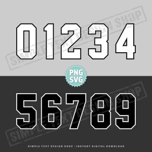Könnte beinhalten: Digitales Design mit den Ziffern 0 bis 9 in einer fetten, blockartigen Schriftart. Die Zahlen 0-4 sind weiß mit schwarzem Umriss, vor grauem Hintergrund. Die Zahlen 5-9 sind schwarz mit weißem Umriss, auf dunklem Grauhintergrund.
