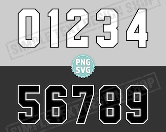 Números de camiseta de estilo universitario (0-9) con contorno SVG, PNG, EPS, paquete de archivos digitales, plantillas de números de camiseta deportiva, número de jugador de equipo en la espalda