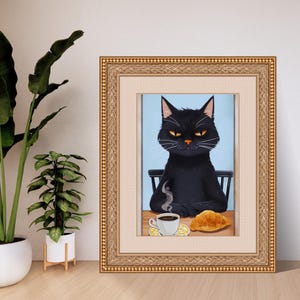 Póster de gato negro de dibujos animados, croissant y café, póster para el hogar, arte divertido, arte para la sala de estar, arte para la cocina, arte para el dormitorio.