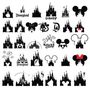 Paquete de svg de castillo, svg de princesa, clipart de castillo, Mickey mouse con cabeza de corazón, svg de reino mágico, archivos de corte para silueta de cricut
