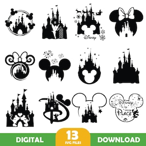 Pacchetto di file SVG di castelli, SVG di principesse, Clipart di castelli, Topolino con testa a forma di cuore, SVG del regno magico, file di taglio per silhouette Cricut