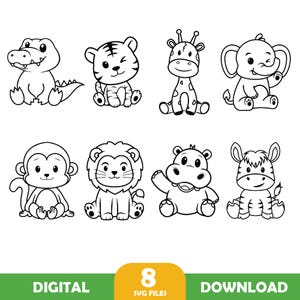 Safari animals outline SVG Cute african jungle animal cut file Cricut Silhouette Lion Tiger Hippo Giraffe Zebra Monkey Zoo Savanna Kids Baby
