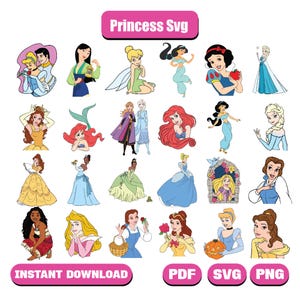 Princess Svg Bundle, Princess Silhouette Svg Files, Tiana Svg, Princess Clipart, Frozen Svg, Rapunzel Svg, Snow White Svg, Svg For Cricut