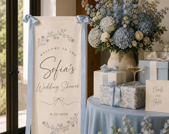 Personalized Wedding Shower Banner, Custom Blue Bow Welcome Sign, Floral Bride to Be Backdrop, Elegant Fabric Bridal Shower Decor Sign