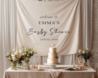 Banner de fondo personalizado para baby shower, letrero de bienvenida, fondo de tela con nombre y fecha, decoración neutra para fiesta, fotomatón