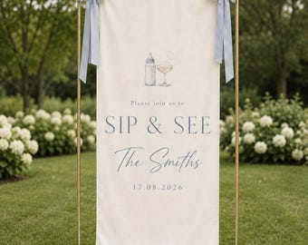 Personalized Sip and See Banner, Baby Shower Welcome Sign, Custom Baby Name Fabric Backdrop, Blue Bow Meet the Baby Party Decorations