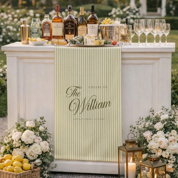 Personalized Wedding Bar Sign Cheers To Family Name, Custom Linen Bar Runner Sign, Elegant Wedding Cocktail Sign, Reception Decor