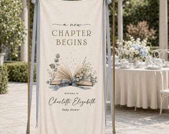 A New Chapter Begins Baby Shower Banner, Personalized Linen Welcome Sign, Storybook Theme Fabric Backdrop, Custom Name Party Decor
