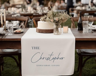 Personalized Family Name Wedding Table Runner, Custom Last Name Sign, Linen Sweetheart Table Decor, Wedding Reception Banner Cloth