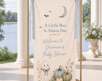 A Little Boo Is Almost Due Baby Shower Banner, Personalized Linen Welcome Sign, Cute Ghost Pumpkin Fabric Backdrop, Blue Halloween Decor