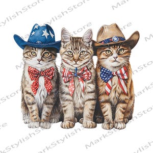 3匹のカウボーイ猫シャツPng、かわいい猫Png、独立記念日Png、独立記念日ギフト、アメリカ独立記念日シャツ、愛国的な猫、クールな猫Png
