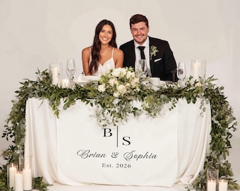 Personalized Wedding Table Runner with Monogram, Custom Linen Sweetheart Table Decor, Elegant Wedding Banner with Names Est Date