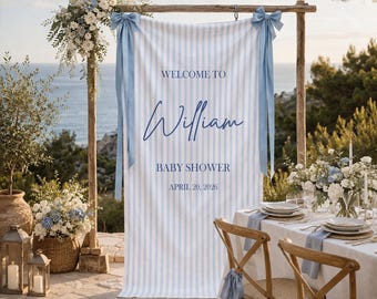 Baby Shower Welcome Sign Tapestry, Personalized Baby Shower Banner, Blue Stripe Baby Shower Decor, Custom Name Baby Party Backdrop