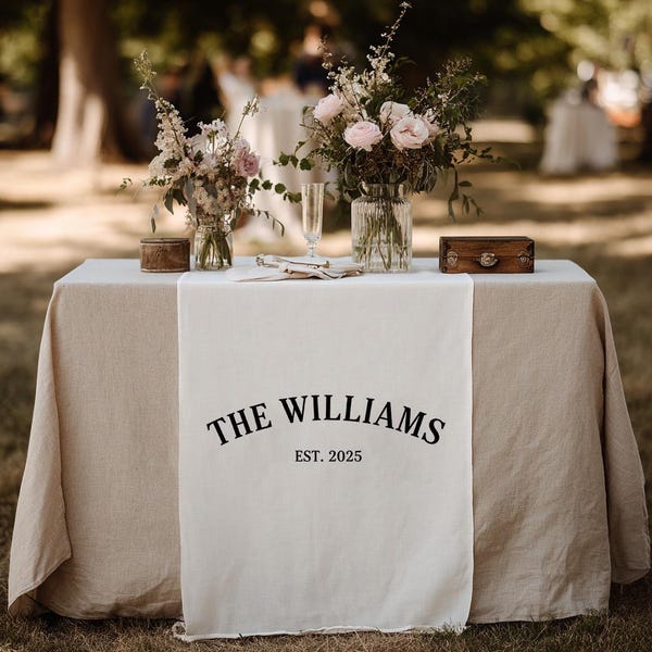 Personalized Family Name Wedding Table Runner, Custom Last Name Sign, Linen Wedding Banner, Sweetheart Table Decor, Anniversary Gift Idea