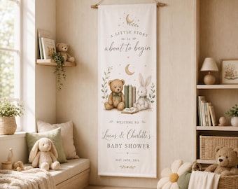 Personalized Storybook Baby Shower Banner, Teddy Bear and Bunny Welcome Sign, Custom Name Fabric Backdrop, Gender Neutral Nursery Decor