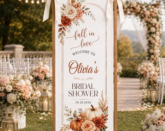 Personalized Fall Bridal Shower Banner, Fall in Love Welcome Sign, Custom Bride Name Linen Backdrop, Autumn Pumpkin Wedding Shower Decor