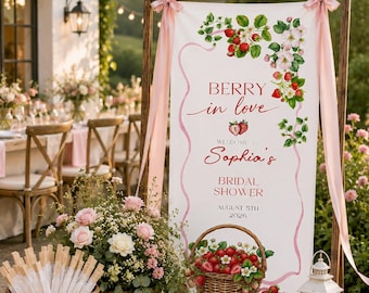 Berry in Love Bridal Shower Welcome Sign Banner, Strawberry Garden Party Backdrop, Personalized Floral Linen Sign
