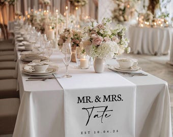 Personalized Wedding Table Runner, Custom Mr & Mrs Last Name Banner for Sweetheart Table Decor, Reception Head Table Sign, Est. Date