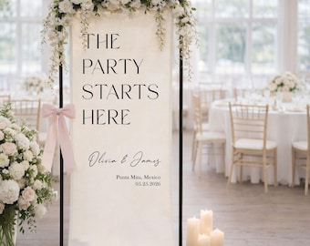 Wedding Welcome Sign Fabric Banner, The Party Starts Here Wedding Reception Sign, Personalized Ceremony Entrance Decor