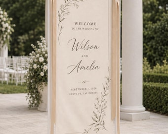 Personalized Linen Wedding Welcome Sign, Custom Fabric Banner, Elegant Floral Ceremony Decor, Couple Name and Date Reception Sign