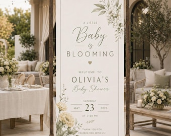 Baby Is Blooming Baby Shower Welcome Sign Banner, Neutral Floral Garden Backdrop, Personalized Fabric Party Decor