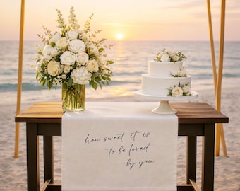 Romantic Wedding Table Runner with Love Quote, Elegant Sweetheart Table Decor for Reception, Custom Head Table Linen Sign