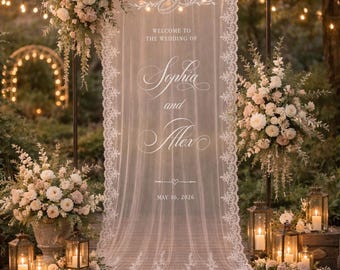 Sheer Lace Wedding Welcome Sign, Custom Fabric Banner With Ribbon, Personalized Names Date Sign, Garden Reception Decor, Wedding Decor