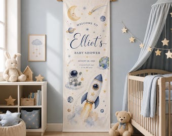 Personalized Space Baby Shower Banner, Custom Name Rocket Welcome Sign, Watercolor Astronaut Fabric Backdrop, Celestial Baby Boy Decor