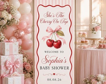Cherry Baby Shower Welcome Sign Banner, Pink Stripe Fruit Theme Backdrop, Personalized Girl Baby Shower Party Decor
