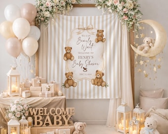 We Can Bearly Wait Baby Shower Banner Personalized, Teddy Bear Neutral Baby Shower Decor, Custom Name Fabric Backdrop Welcome Sign