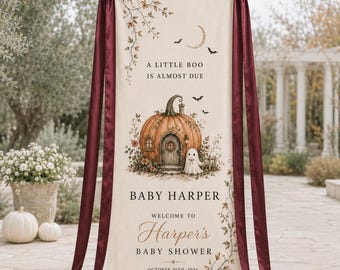 A Little Boo Is Almost Due Baby Shower Banner, Personalized Halloween Linen Welcome Sign, Pumpkin Ghost Fabric Backdrop, Custom Name Decor