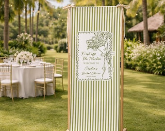 Bridal Shower Welcome Sign Template, Green Stripe Floral Bridal Shower Sign, Fresh Off The Market Theme, Editable Wedding Shower Decor