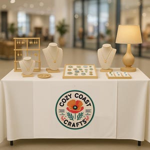 May include: A display of handmade jewelry, including necklaces and earrings, on a white tablecloth. The display features a wooden jewelry stand, bust forms, and trays. The table has a "COZY COAST CRAFTS" logo with a poppy flower.