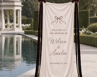 Personalized Linen Wedding Welcome Sign, Custom Fabric Banner, Burgundy Ribbon Ceremony Entrance Decor, Couple Names and Date Reception Sign