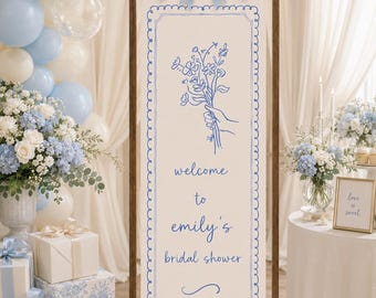 Blue Floral Bridal Shower Welcome Sign Banner, Minimalist Fabric Backdrop, Personalized Garden Party Decor,  Bridal Shower Decor