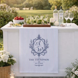 Personalized Wedding Bar Runner, Blue Stripe Table Runner, Custom Monogram Wedding Decor, Bridal Shower Bar Decor, Reception Decor