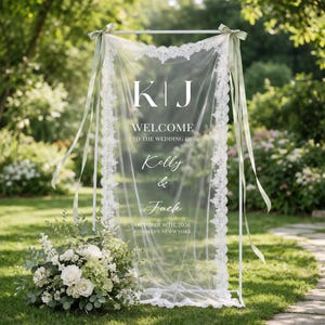Hochzeits-Monogramm-Willkommensschild-Tapisserie, personalisierte Hochzeitsbanner, schiere Spitze-Hochzeits-Kulisse, benutzerdefinierte Initialen, Hochzeitsdekor