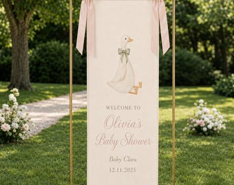 Personalized Little Goose Baby Shower Banner, Custom Name Welcome Sign, Pink Bow Linen Tapestry, Baby Girl Party Backdrop Decorations
