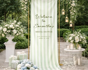 Bridal Shower Welcome Sign Green Stripe Banner, Custom Name Bridal Shower Sign, Garden Party Wedding Shower Decor, Elegant Bride to Be Sign