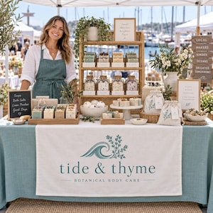 May include: A market stall display featuring Tide & Thyme botanical body care products, including various soaps, bath salts in glass jars, and linen pouches. The setup includes a wooden shelving unit, signage, and a branded tablecloth with a wave logo.